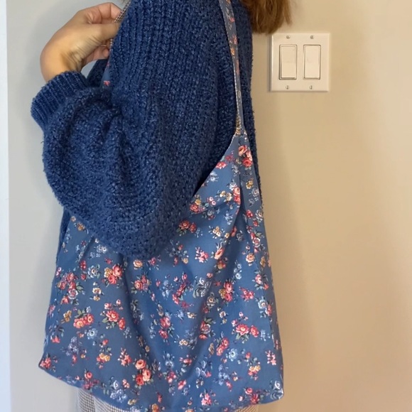 HANDMADE Reversible Tote Bag - Brown/White Gingham and Blue Floral - Picture 3 of 5